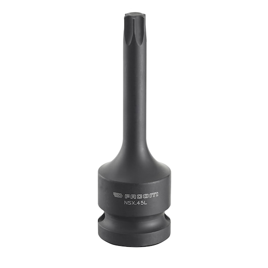 Facom NSX_50L long black impact socket bit, vertical front view on white background.