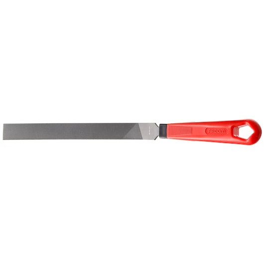 Facom PAM_B200EMA flat metal file with red handle, side view on white background.