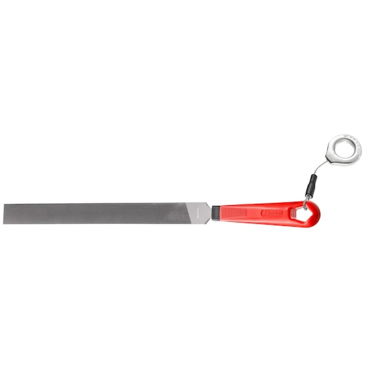 Facom flat file with black blade, red handle, and attached metal lanyard, PAM_B250EMASLS, hand tool, side view.