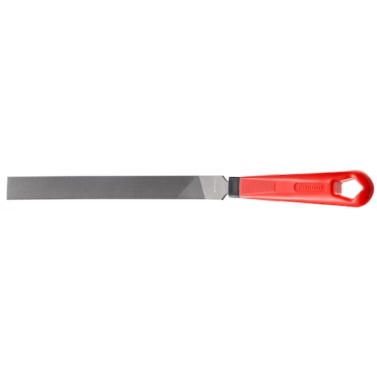 Facom flat metal file with red ergonomic handle, PAM_B250EMASLS, side view on white background.