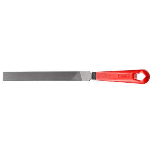 Photo of Facom PAM_MD150EMA flat hand file with red ergonomic handle, side angle on white background.