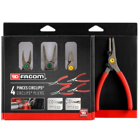 Facom PCSNJ4PB set of 4 circlip pliers with red handles in retail packaging, shown from front angle.