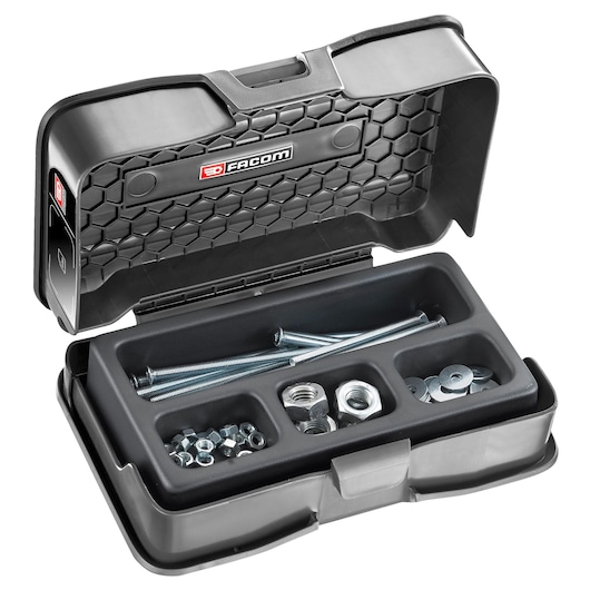 Facom PLS384 hardware organizer with metal bolts, nuts, and washers, photo from top angle.