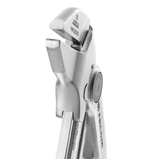 Facom adjustable wrench PWF250CPEPB, close-up on jaw, silver finish, angled front view, white background.