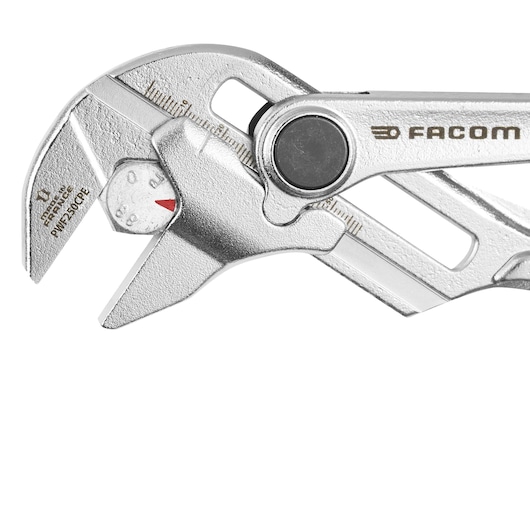 Photo of Facom PWF250CPEPB adjustable wrench with scale and metallic finish, side angle on white background.