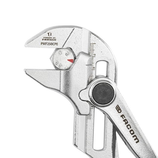 Photo of Facom adjustable wrench with scale and dial, silver finish, SKU PWF250CPEPB, front angle.