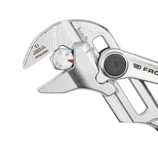 Facom adjustable wrench PWF250G with measurement scale, silver finish, close-up, white background.