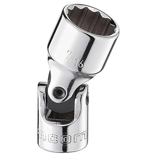 Facom R.1/2F chrome universal joint socket with 7/16 marking, product photography, white background.