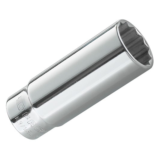 Photo of Facom chrome-finished socket, SKU R.1/4EL, tool angled on white background, deep hex design visible.