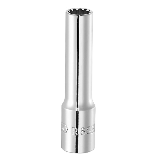 Facom R_10SEL chrome finish long socket, front angle, photography product category.