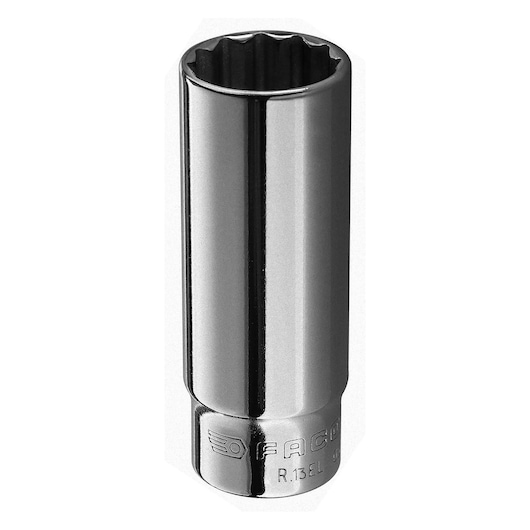 Facom long chrome socket R_12EL, twelve-point, side angle, white background.