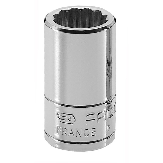 Facom R_14E chrome socket, cylindrical profile, photographed on white background.