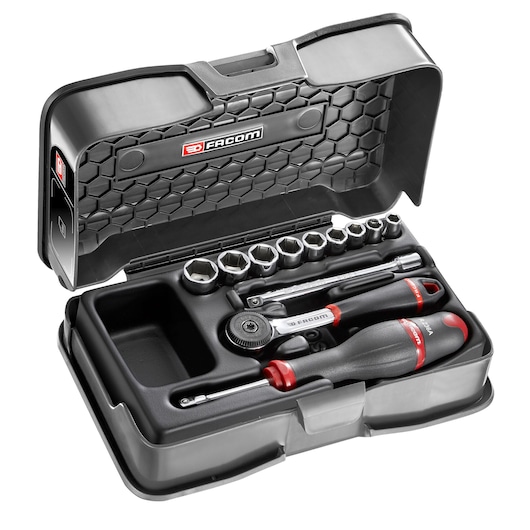 Facom R_161-1P6 socket and screwdriver set in open black hex-pattern case, front angle.