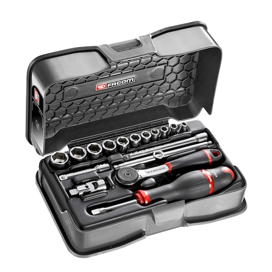 Facom socket and ratchet set R_161-2P6U in black plastic case, top view on white background.
