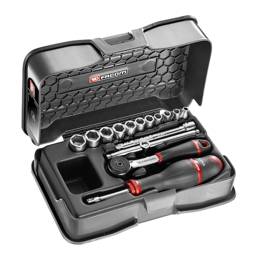 Facom R_161-2P6 socket and screwdriver set in black case, photo from angled view on white background.