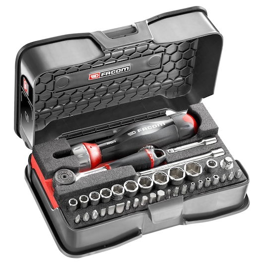 Facom R.161-6ATCL3PB socket and bit set with ratchet handle in black plastic case, angled view.