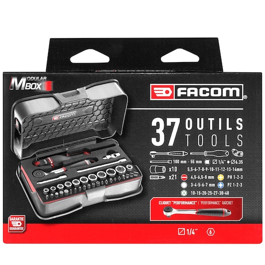 Facom R.161-6M6PB modular tool set, 37-piece socket and ratchet kit in black case, front angle on white background.
