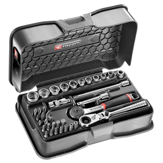 Photo of Facom R_161-6P6HX socket and bit set in black case, ratchet, sockets, bits, extension bars, top angle.
