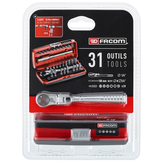 Facom R.180J31PB 31-piece ultra-compact ratchet and bit set in red and black case, front angle.