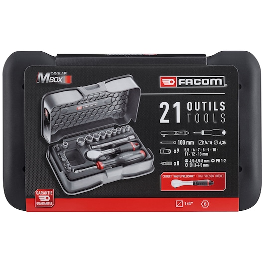 Facom modular 21-piece tool set R.181-4P6PB case, showing sockets, ratchet, and accessories, front view.