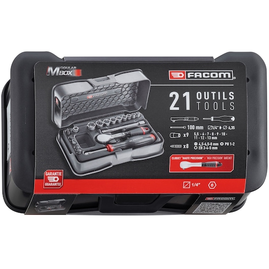 Facom modular tool set R.181-4P6PB with 21 pieces in a hard black case, photo of packaging, front angle.