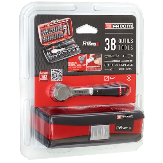 Photo of Facom R.181NANOPB 38-piece tool set in red and black hard case, packaging front angle.