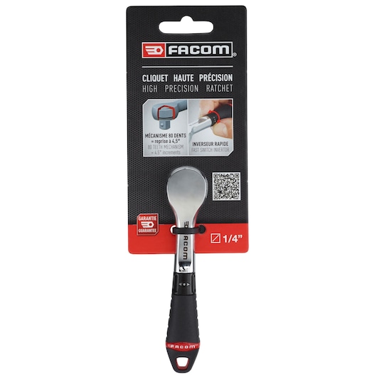 Facom R.181PB high precision 1/4 inch ratchet, black and silver, front view on packaging.