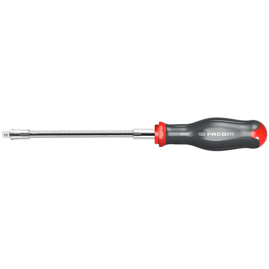 Facom R_222C flexible shaft screwdriver with black and red ergonomic handle, side view on white background.