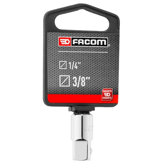 Facom R_232PB socket adapter, chrome finish, 1/4 inch to 3/8 inch drive, front view on white background.