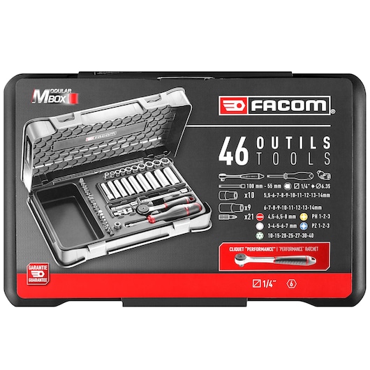 Facom R_2BLPB tool set case, black and red, 46-piece socket and bit set, shown from front on white background.