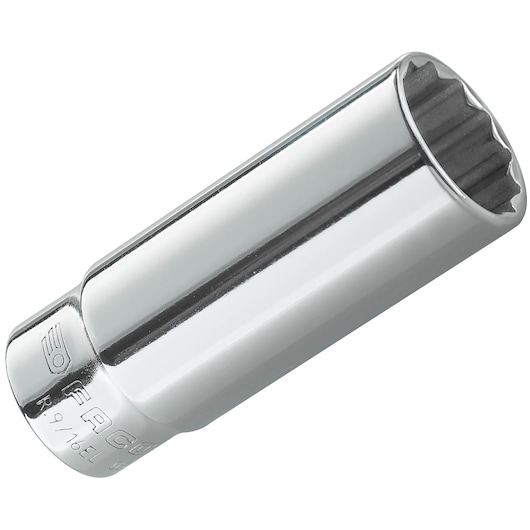 Facom R.3/16EL polished chrome deep socket, shown at an angle on white background.