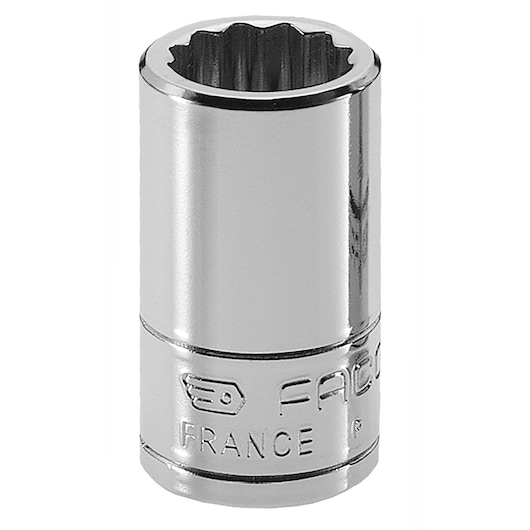 Facom R.3/8E chrome socket, 12-point, side view on white background.