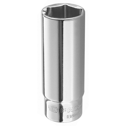 Photo of Facom R.3/16HEL chrome socket, six-point, deep design, white background, tool category.