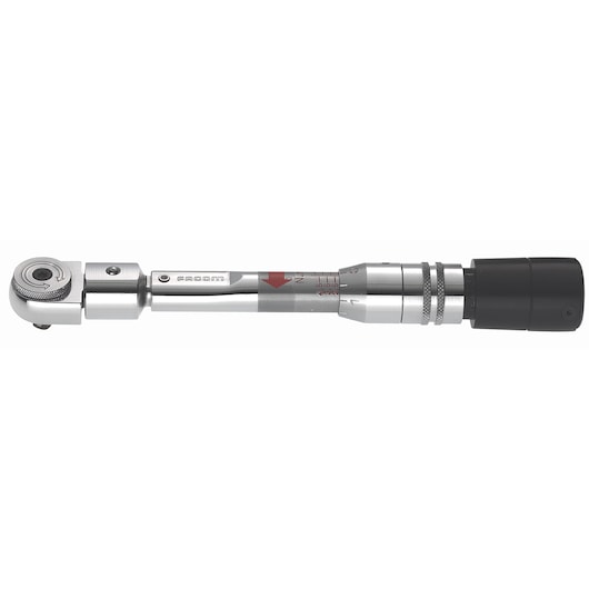 Facom R301A torque wrench, silver and black, photography of side view on white background.
