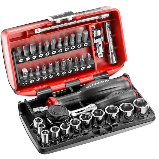 Facom R_360NANO-U1 compact red and black socket and screwdriver bit set with ratchet and various accessories, top angle.