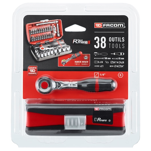 Facom R.360NANOPB 38-piece socket and bit set in blister packaging, featuring a compact twist handle ratchet, multiple sockets, and bits. Suitable for precision and general use, displayed with the tool case and guarantee symbol.