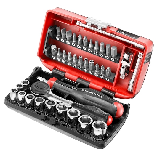 Facom R_360NANO compact socket and bit set with ratchet, screwdriver handle and various bits in red case, front angle.