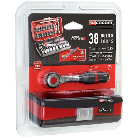 Facom R3 Nano ratchet tool set packaging, showing a compact set with 38 tools including sockets and bits in a red and black case. The ratchet handle is visible in the package, and product features and specifications are displayed.