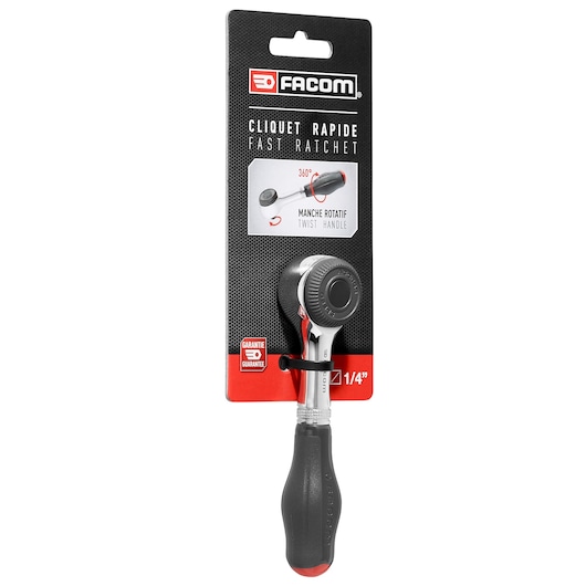 Facom R_360PB fast ratchet with twist handle in retail packaging, photographed on white background.