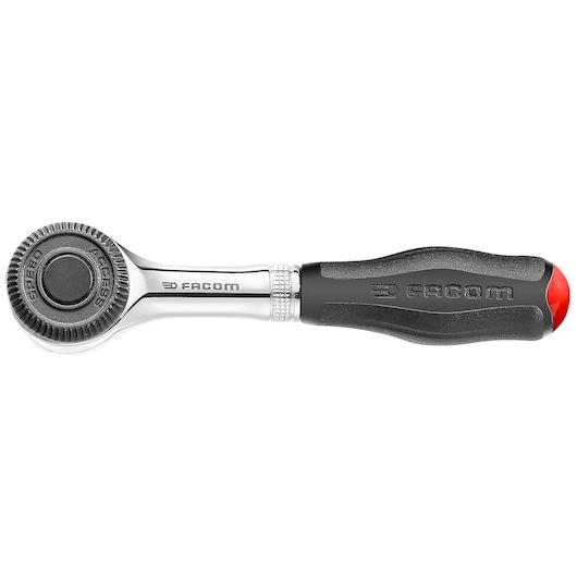 Facom R_360 ratchet with black and red ergonomic handle, side angle, photography product.