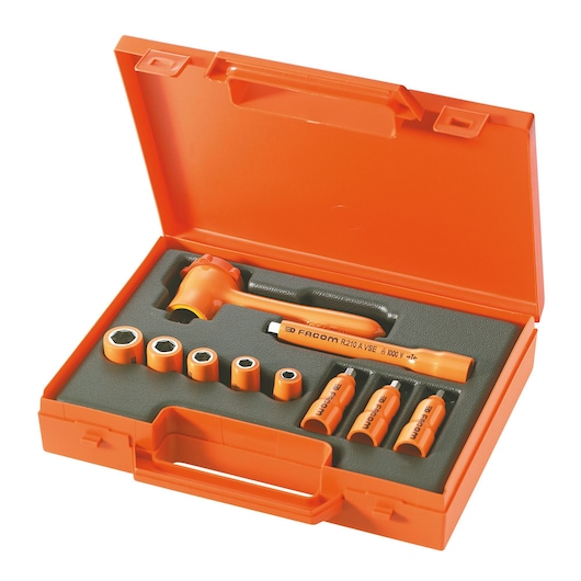 Facom R_400AVSE insulated socket set in orange case, photo at an angle, eight pieces visible.