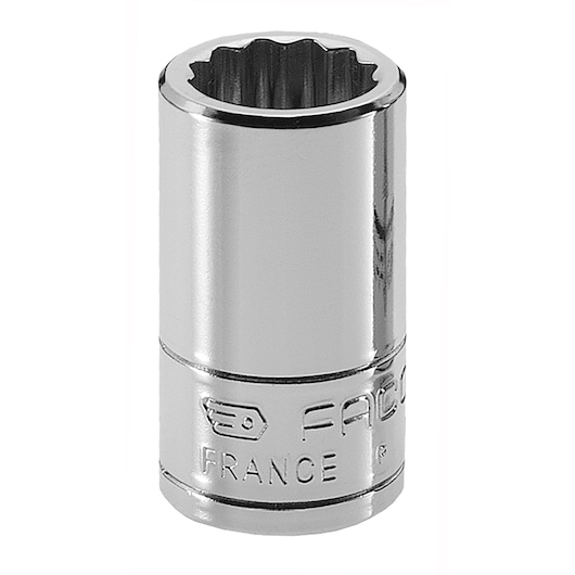 Facom chrome socket R.5/16E, cylindrical 12-point hand tool, front view on white background.