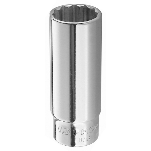Facom chrome long socket R_5_5EL_1, twelve-point, side angle, white background.