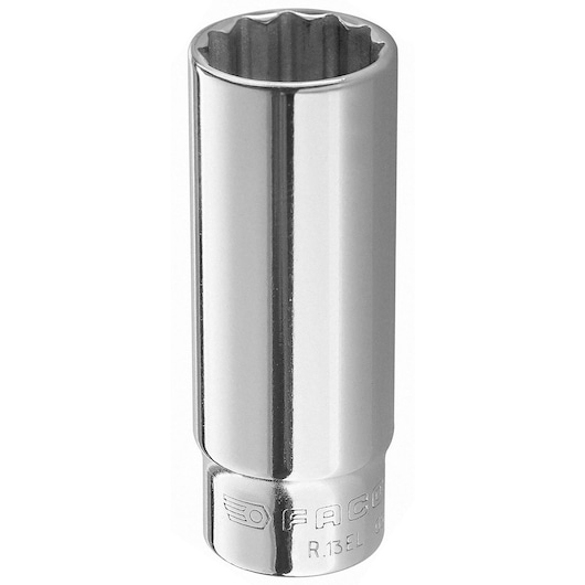 Facom R_6EL chrome-finish deep socket, twelve-point, photography, upright angle on white background.