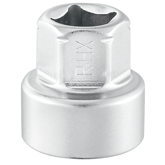 Facom R_7HX chrome socket, close-up angle, silver finish, hexagonal inner profile, white background.
