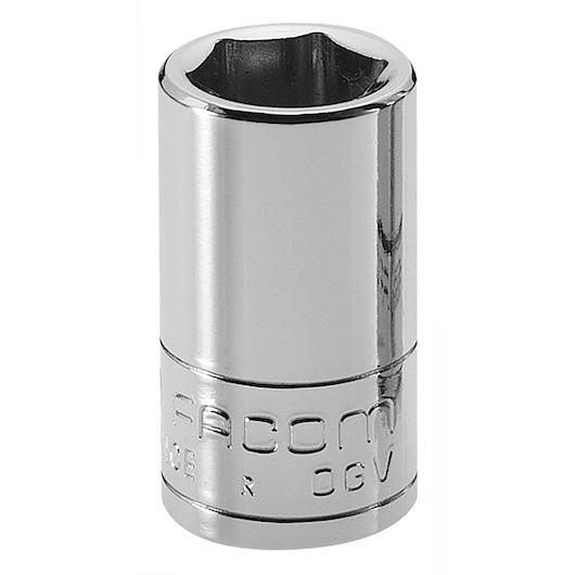 Facom R_7 chrome socket, cylindrical design, side angle, polished finish for hand tool use.