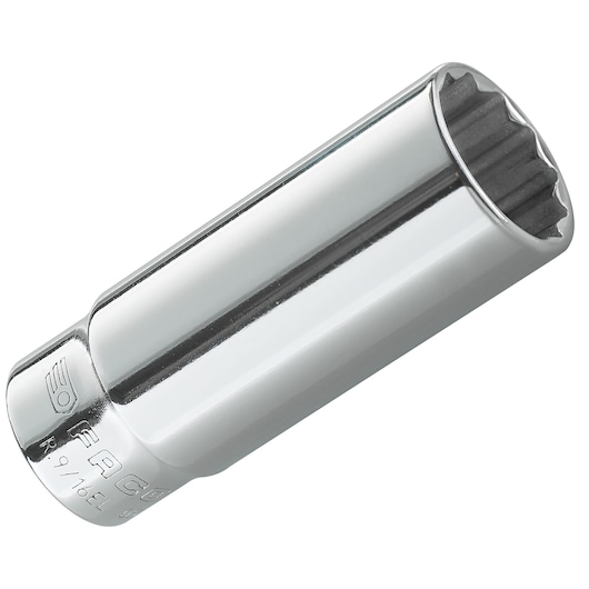 Facom R.9/32EL chrome finish long socket, photography, angled on white background.