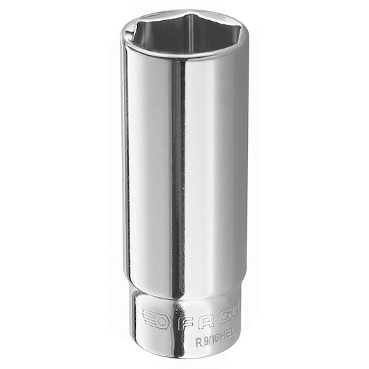 Facom R.9/16HEL chrome socket, cylindrical shape, 6-point, front angle, photography on white background