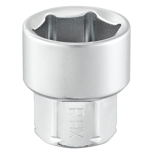 Facom R_9HX chrome socket, close-up photography on white background, hexagonal inner design.