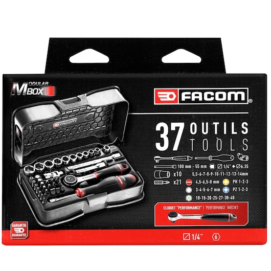 1/4" socket set, 37 pieces, MBOX, performance round head ratchet